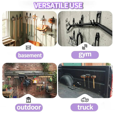Versatile use for heavy duty garage hooks 16 pack wall mount storage hangers for power tools garden tools lawn equipment ladders hose and utility organizer built with reinforced steel construction to withstand heavy use in basement, gym, outdoor, truck settings.