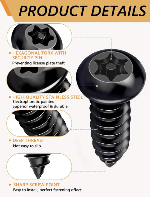 Keep Your Auto Setup Secured With These Goated Anti Theft License Plate Screw Kit Boasting Tamper Proof M6 Security Bolts That Require A Custom Key Tool To Block Thieves From Swiping Your Plates On Any Daily Driver. Hexagonal torx black stainless screws with deep threads.