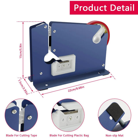 Heavy Duty Manual Bag Sealer With Razor Sharp Metal Tape Dispenser And Sweet Anti Slip Grip Hella Tough Frame For Home Bakery Or Quick Stop No Sweat Operation detailed view showing cutting blades and dimensions.