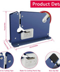 Heavy Duty Metal Bag Sealer With Razor Sharp Blade And Seven Premium Adhesive Rolls Rock Solid Poly Tape Dispenser detailed view showing blades and non-slip mat.