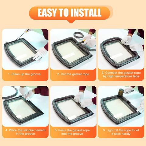 Six-panel instructional graphic showing how to install black silicone wood-stove door gasket cement (high-temperature adhesive).