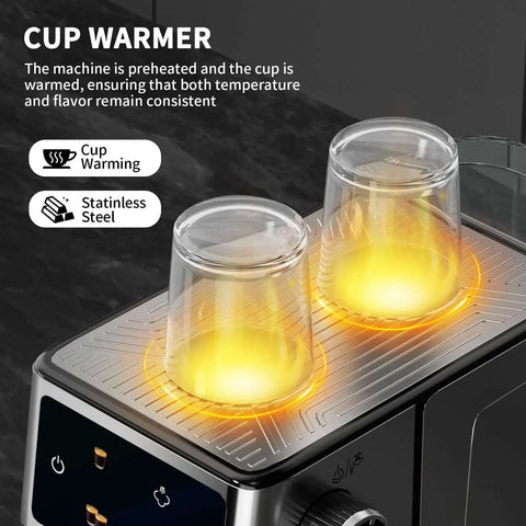 20 Bar Espresso Machine With Hot Brew And Rapid Cold Brew, Stainless Steel Coffee Maker With Milk Frother, showing cup warming feature