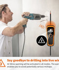 Advanced 5-In-1 Wall Scanner Stud Finder For Quick Dead-On Detection Of Wood Studs Metal Joists Pipes And Live Wires In Walls And Ceilings For DIYers And Pros Orange, orange handheld live wire detector shown near drilling wall