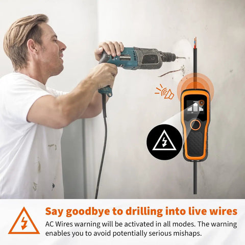Advanced 5-In-1 Wall Scanner Stud Finder For Quick Dead-On Detection Of Wood Studs Metal Joists Pipes And Live Wires In Walls And Ceilings For DIYers And Pros Orange, orange handheld live wire detector shown near drilling wall