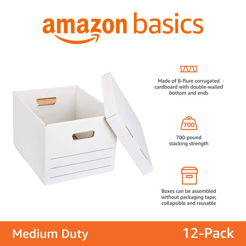 Medium Duty Storage And Filing Boxes With Lids And Handles Legal Letter Size Collapsible Foldable Tape Free Assembly Super Strong 700 Pound Stacking Strength Double Walled Bottom And Ends 12 Pack White Reusable And Easy To Set Up