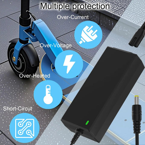 42V 2A Scooter Charger 4 In 1 Removable Connector For 36V Pocket Mod And Sports Mod Lithium Battery Compatible With Gotrax Ninebot Hiboy Electric Scooters Charger, black charger with multiple protection labels and blue scooter wheel background