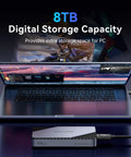 Blazing Fast M2 NVMe SSD Enclosure In Solid Aluminum Built In Cooling Fan For Thunderbolt And USB connected to a laptop.