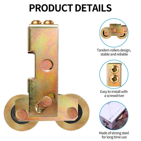 Sliding Patio Door Tandem Roller Assembly Replacement Rollers 1-1/4 Inch Steel Ball Bearing Wheels For Sliding Glass Doors Screen Doors Gates And Windows 2 Pack Galvanized Steel Corrosion Resistant 5/16 Inch Wheel Width shown in close-up with steel construction and easy installation features.
