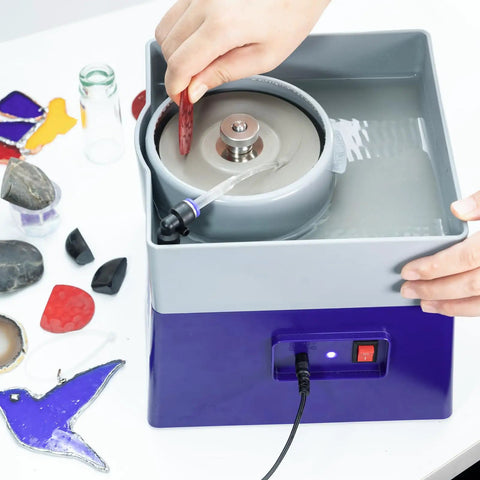 4 Inch Flat Grinding Machine For Stone And Rock Polishing with diamond coated disc and water feed, hands adjusting settings
