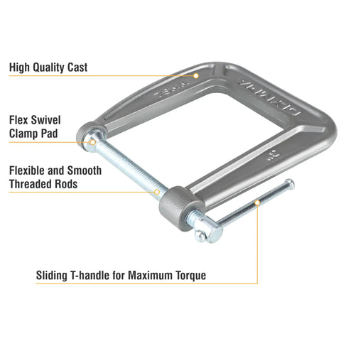 Image of Heavy Duty Steel C Clamp 3 Inch by 4.5 Inch for Woodworking and Home Projects Smooth Swivel Adjustment Ergonomic Grip High Friction Frame Your Go To Clamp for Tight Holds in Garage or Shop showcasing flexible threaded rods and clamp pad