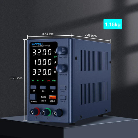 Pro Grade Bench Power Supply with Variable Output from 0 to 32 Volts and 0 to 10 Amps, Memory Presets, and Precision Encoder Dial.