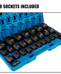 Heavy Duty 3/4 Inch Impact Socket Kit With Shallow Drive Plus Deep Socket 29 Piece Chrome Vanadium Set Featuring 6 Point Grip Design For Lug Nut Removal And Tough Jobs Comes Zippered Carrying Case open blue case with 29 sockets