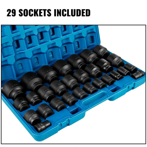 Heavy Duty 3/4 Inch Impact Socket Kit With Shallow Drive Plus Deep Socket 29 Piece Chrome Vanadium Set Featuring 6 Point Grip Design For Lug Nut Removal And Tough Jobs Comes Zippered Carrying Case open blue case with 29 sockets