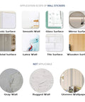 Application surfaces for Peony Wall Decals Set including plastic, smooth wall, glass, mirror, metal, latex, tile, and wood surfaces.