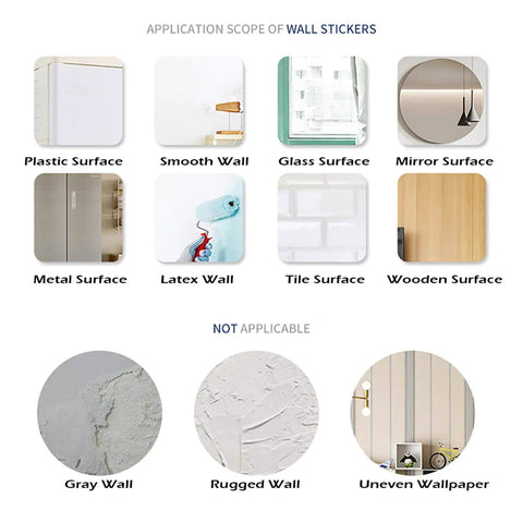 Application surfaces for Peony Wall Decals Set including plastic, smooth wall, glass, mirror, metal, latex, tile, and wood surfaces.