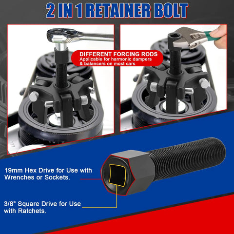 Harmonic Balancer Puller Kit With Adjustable 3 Jaw Pulley in use, shown with retainer bolt options and forcing rods.
