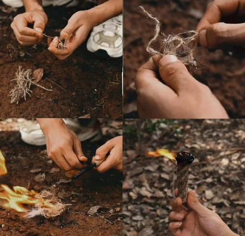 All In One Prepper Grade Survival Fire Starter Kit With 10 Magnesium Shavings Bags 20 Windproof Matches Ferro Rod With 2000 Plus Sparks And 1.2x5.2 Inch Waxed Tinder Rope In A Tin Box For Camping Hiking And Bushcraft being used to create a fire outdoors.