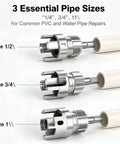 3 Piece Pvc Pipe Threader Set With 1/2 In, 3/4 In & 1 In Npt Dies Carbon Steel Drill Compatible Threading Tool Kit showing essential sizes 1/2, 3/4, and 1 inch.