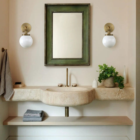 Bathroom with Hardwired Wall Sconce With White Globe Glass Brass Vanity Light For Bathroom Vintage Retro Vibe Wall Fixture