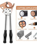 Beefed Up Heavy Duty Ratchet Cable Cutters For Copper And Aluminum Wires Up To 300mm2 600 MCM With Carry Case image showing application types.