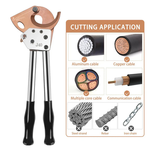 Beefed Up Heavy Duty Ratchet Cable Cutters For Copper And Aluminum Wires Up To 300mm2 600 MCM With Carry Case image showing application types.