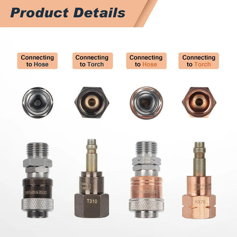 Cutting Torch Quick Connect Fittings For Oxy Acetylene And Oxygen Fuel Lines With Nine Sixteenth Inch B Fittings front view