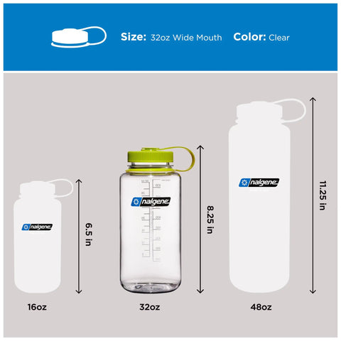 32 Oz Wide Mouth Hydration Bottle For Everyday Use, Leak Proof And BPA Free, shown with size comparison to 16oz and 48oz bottles.