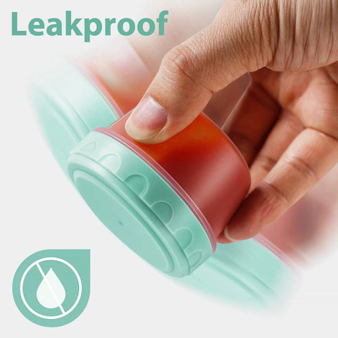 Hand holding Leakproof Salad Dressing Containers To Go With Lids 6 Pack 2.7 Oz Small Sauce Jars For Lunch, showing leakproof feature.