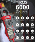 Rugged Digital Clamp Meter And Multimeter With TRMS 6000 Counts Auto Ranging showing features and display in industrial setting.