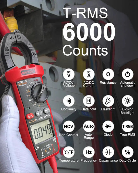 Rugged Digital Clamp Meter And Multimeter With TRMS 6000 Counts Auto Ranging showing features and display in industrial setting.