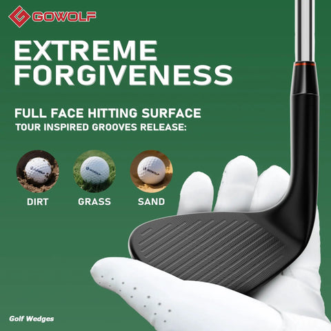 60 Degree Right Hand Golf Wedge with Full Face CNC Milled Spin held in hand, displaying grooves for dirt, grass, sand use.