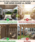 Comparison of patio with and without Tough As Nails Ninety Percent UV Blocking Sun Shade Cloth; visible shade and privacy differences
