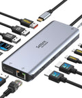 Triple Monitor USB C Docking Station 13-In-1 Hub with Dual HDMI and DisplayPort, multiple ports and cables visible, silver color