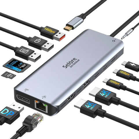Triple Monitor USB C Docking Station 13-In-1 Hub with Dual HDMI and DisplayPort, multiple ports and cables visible, silver color