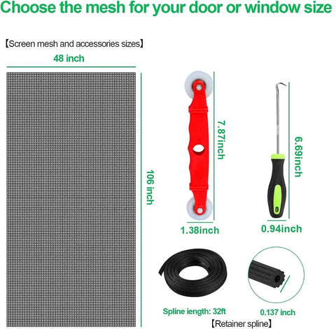 Pet Proof Window Screen Replacement Kit 39x118 Heavy Duty PVC Coated Polyester Mesh dimensions and tools shown
