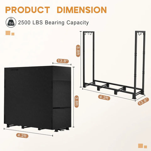 Diagram of 4ft Outdoor Firewood Rack with Waterproof Cover showing dimensions and 2500 lbs capacity, Powder Coated Rack