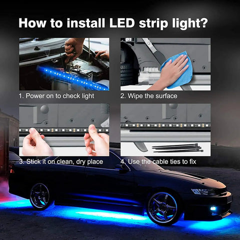 Installation steps for RGB Car Underglow Kit With App And RF Remote, IP67 Waterproof, 16 Million Color LED Strips