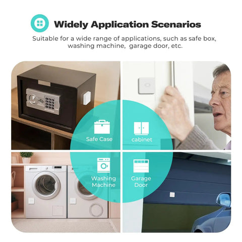 Smart Vibration Sensor With 110dB Alarm And Adjustable Sensitivity, Zigbee 3.0 Hub Required in various home settings.