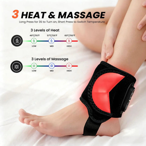 Cordless Red Light Therapy Ankle Massager Wrap With 660nm Red And 850nm Infrared Lights, Vibration And Heat, shown on foot