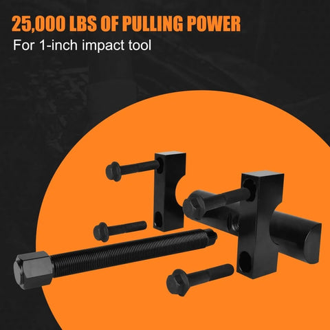 Beefy Heavy Duty Yoke Puller For Class 6 8 Haul Trucks And Gear With Bearing Diameters One Seven Eighths To Two Three Sixteenths Inches Semi Truck Replacement Tool For Spicer And Meritor Series 1610 1710 1760 1810 And More, showing parts and 25,000 lbs pulling power label