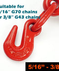 Close-up of a red hook and chain showing suitability for 5/16" G70 or 3/8" G43 chains, part of 4 Pack Ratchet Chain Binder Set 5/16 In To 3/8 In With 5400 Lbs Working Load Limit.