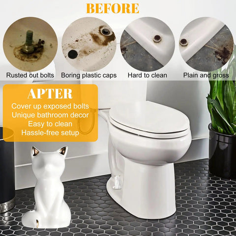 Set Of 2 Ceramic Cat Style Toilet Bolt Caps White Seat Screw Covers Heavy Duty Bathroom Hardware No Sweat Install Cute Decorative Anchor Caps For A Slick And Super Cozy Home Makeover before photo showing rusty toilet bolts and plain caps.