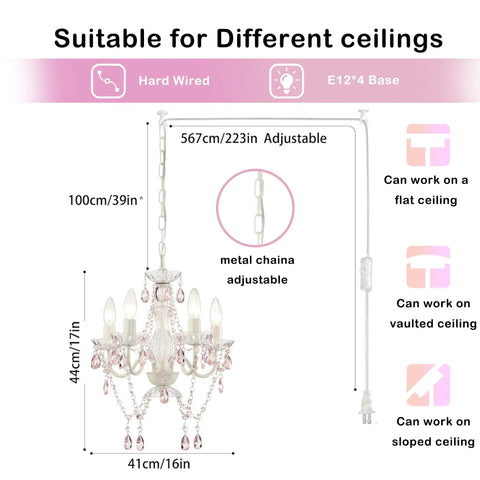 Plug-In 4-Light Pink And White Acrylic Crystal Chandelier dimensions and installation options diagram