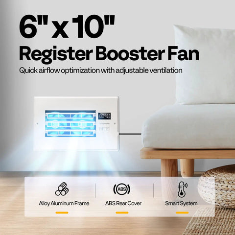 All In One Register Booster Vent Fan With Smart Thermostat And Remote, 6x10 In Opening, Adjustable Louver, wall mount