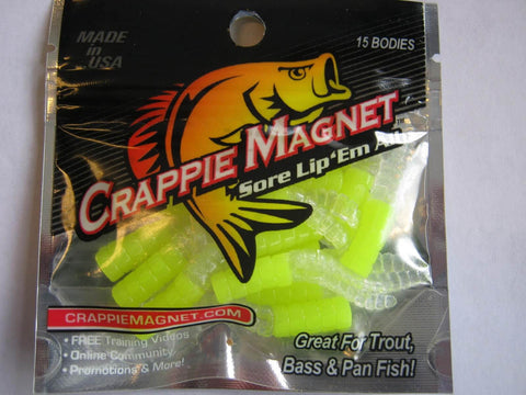 Crappie Magnet 15Pc Zoe's Glow Soft Plastic Lures Set For Freshwater Fishing in packaging with 15 glow color baits.
