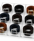 Keep Your Gear Legit With This Stackable Acrylic Belt Organizer Featuring Nine Roomy Compartments For Belts Ties Wallets Watches And Scarves clear display rack showcasing organized leather belts.