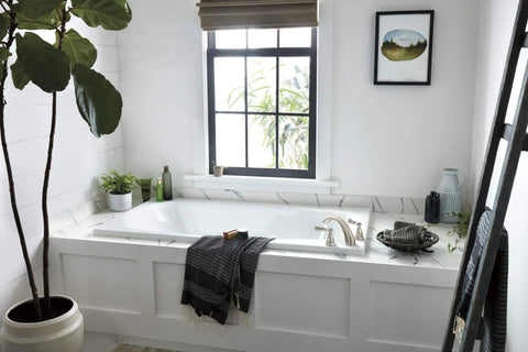 Stylish bathroom with Elmhurst Roman Tub Trim Kit PTT4365-BN Brushed Nickel 3-Hole 2-Handle Bath Faucet, ADA compliant