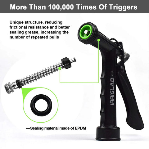 2 Pack Full Size Pistol Grip Hose Nozzles With Adjustable Spray For Lawn And Garden, Pet Bath, Car Wash And Cleaning, High Pressure Water Flow, All Metal Build Thats Rust Resistant And Built To Last, shown with internal components and sealing materials.