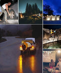Man using Spot Lighting Rechargeable Cordless Led Work Light Portable Floodlight to change a tire on a rainy road.