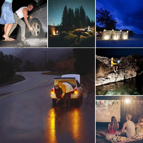 Man using Spot Lighting Rechargeable Cordless Led Work Light Portable Floodlight to change a tire on a rainy road.